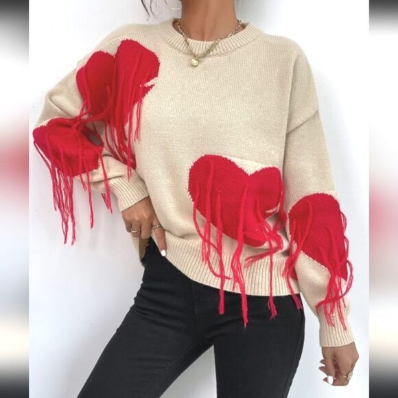 Romwe Heart Pattern Fringe Trim Drop Shoulder Sweater Sz Small - Picture 1 of 13